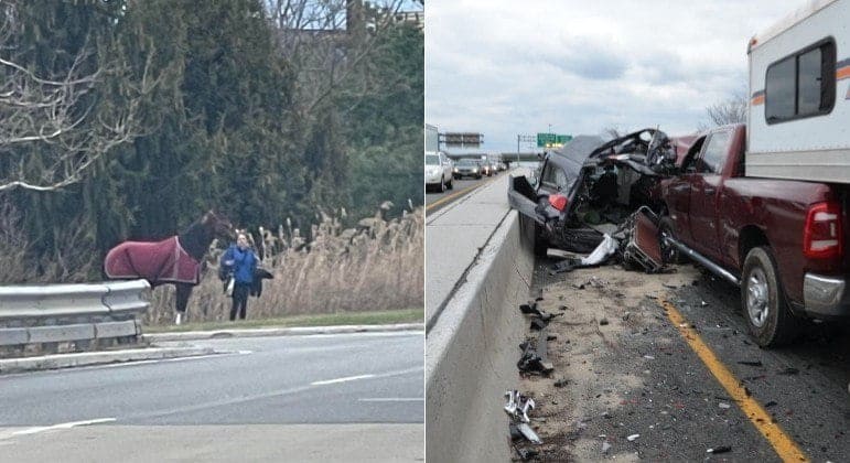 Cadáver acabou no meio de rodovia após engavetamento no local MONTAGEM/R7, COM FACEBOOK/PARAMUS POLICE DEPARTMENT